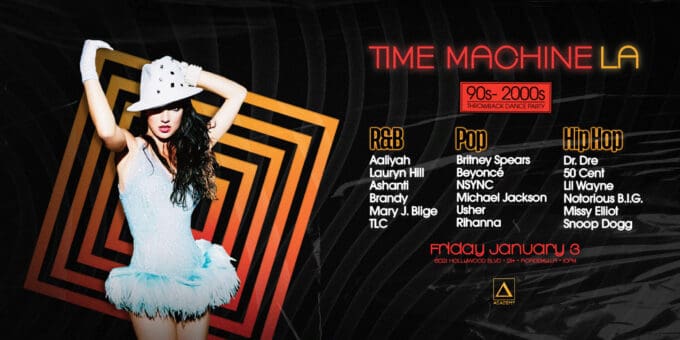 Time Machine a 90s - 2000s Throwback Party at Academy LA in Hollywood Event Flyer 1/3/25